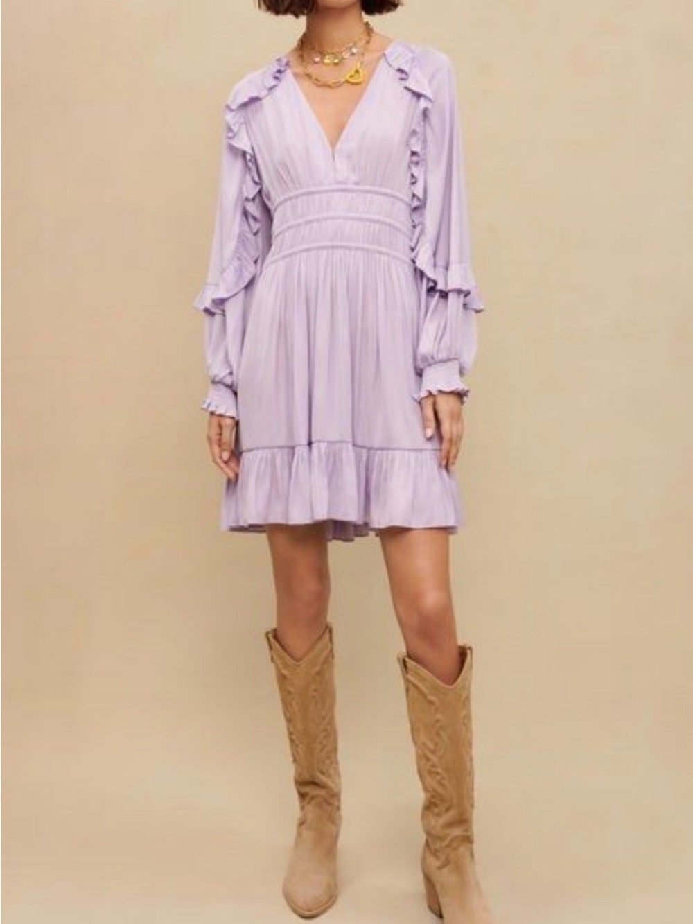 Maje Lavender Ruffle V-Neck Mini Dress